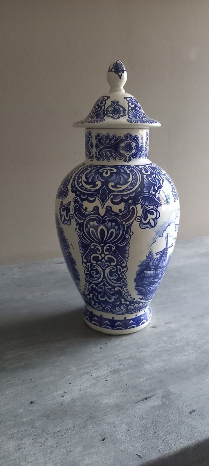 Delfts Blauw Gemberpot met Molens en Bloemen, Ophalen