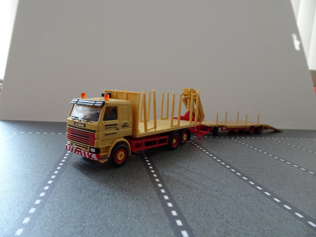 108 herpa scania 142m v8 baumann goldhofer 1:87 truck trein, Ophalen of Verzenden, Zo goed als nieuw, Bus of Vrachtwagen, Herpa