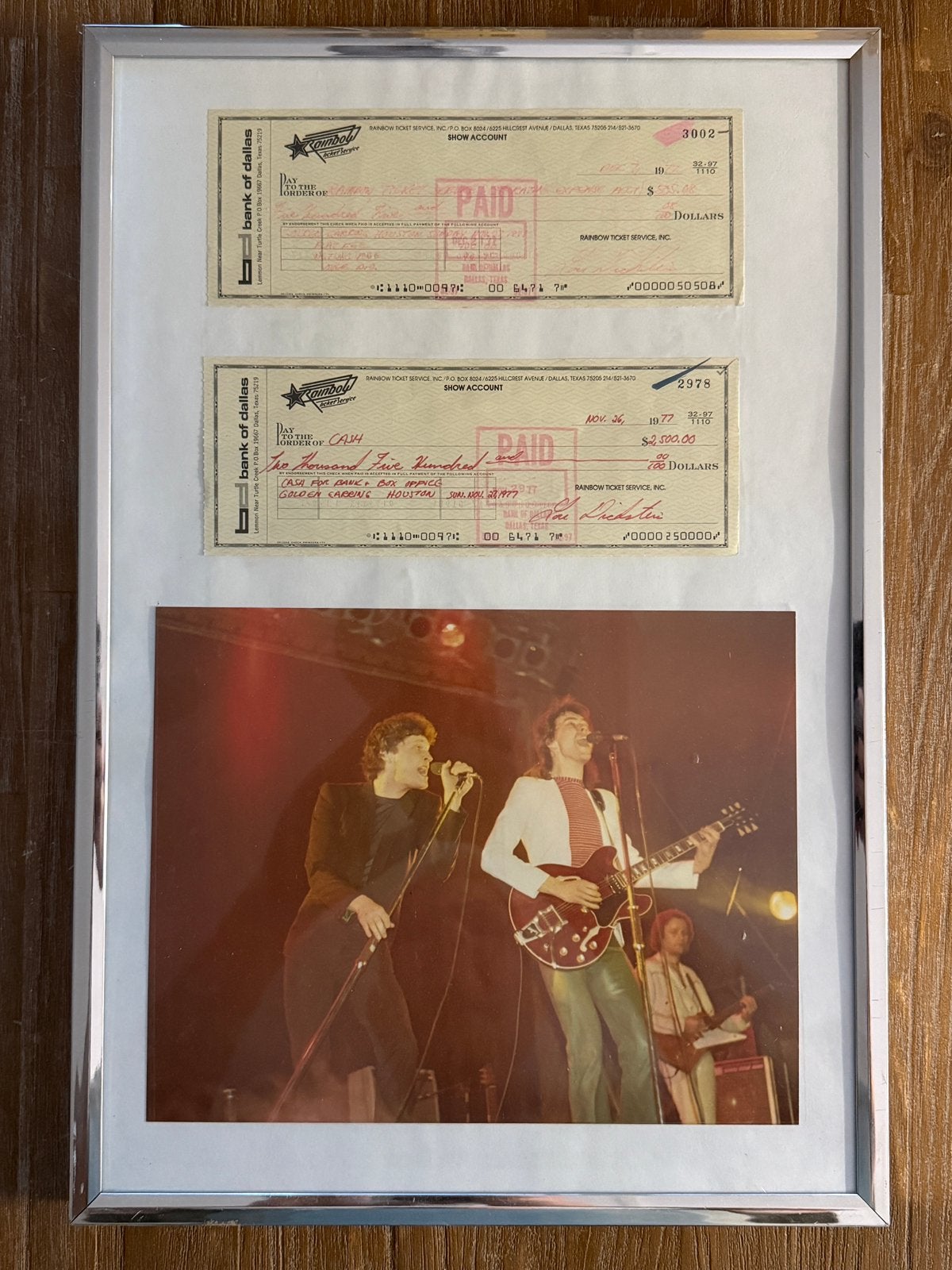 Concert Cheques Golden Earring Houston 27 Nov 1977 USA-Tour, Verzamelen, Ophalen of Verzenden, Gebruikt, Foto of Kaart