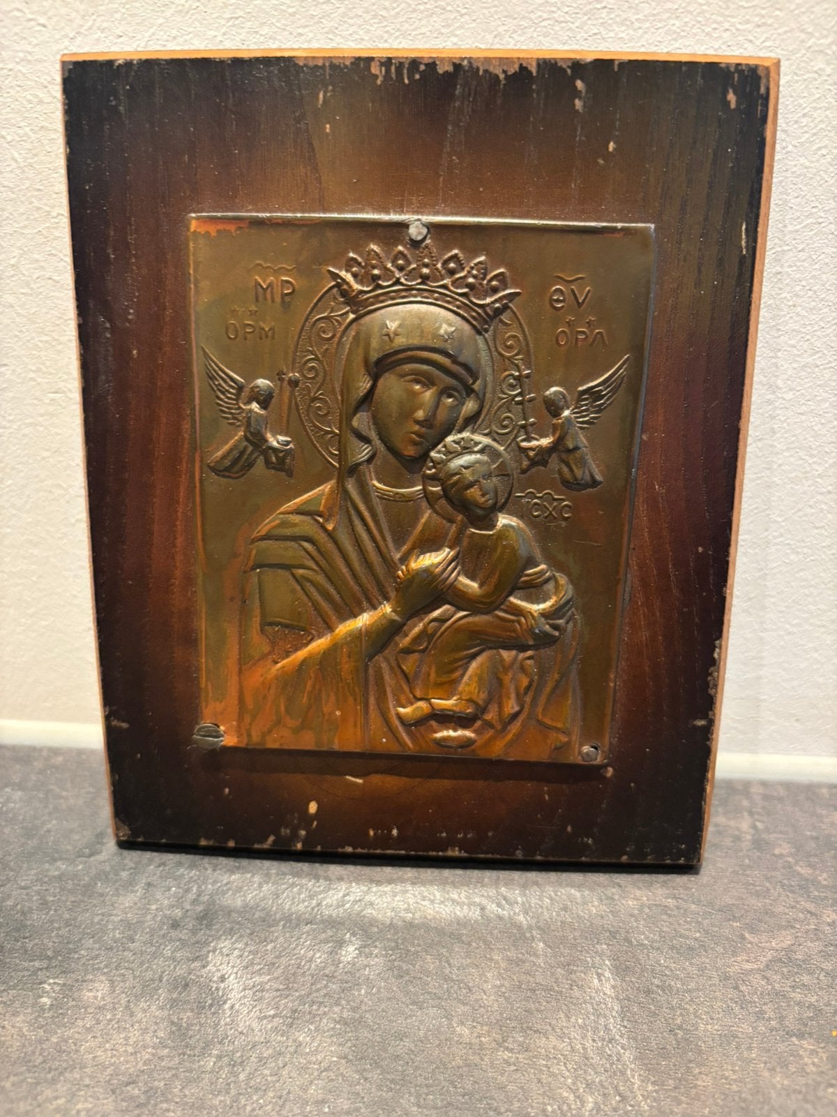 Koperen plaquette op hout, Ophalen of Verzenden