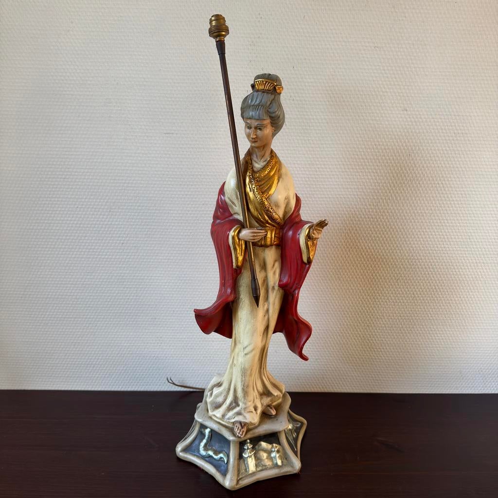 Antiek Gipsen Geisha Tafellamp, Beeld, 1940, Lamp, Fakkel, Antiek en Kunst, Antiek | Lampen, Ophalen of Verzenden