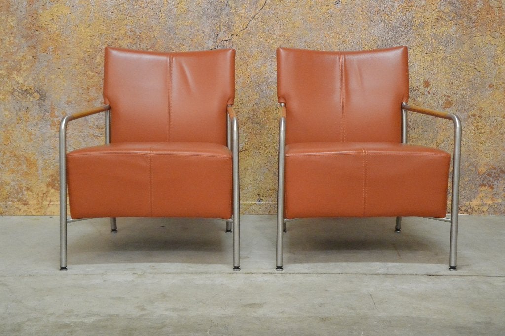2 terrakleurige leren Bert Plantagie Class design fauteuils, Bert plantagie, 75 tot 100 cm, Ophalen of Verzenden, Leer