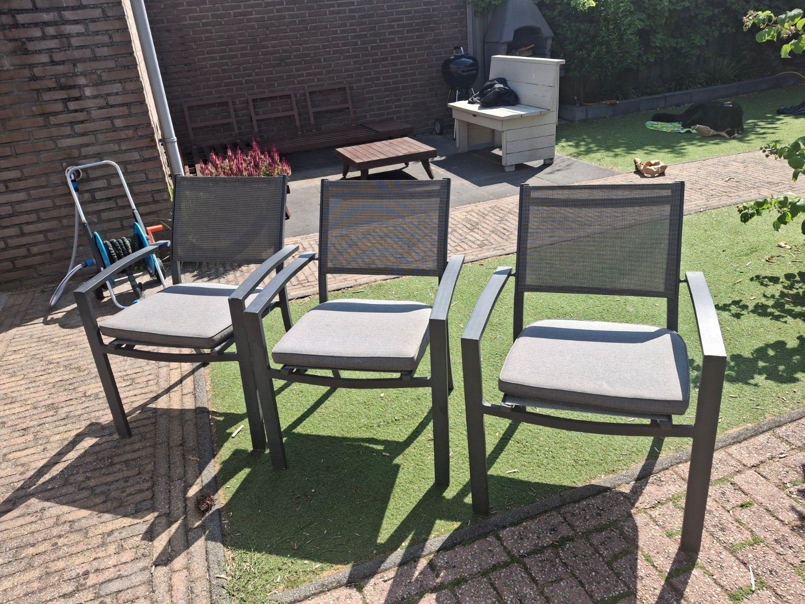 3 tuinstoelen + kussens, Tuin en Terras, Ophalen, Gebruikt, Aluminium, Stapelbaar
