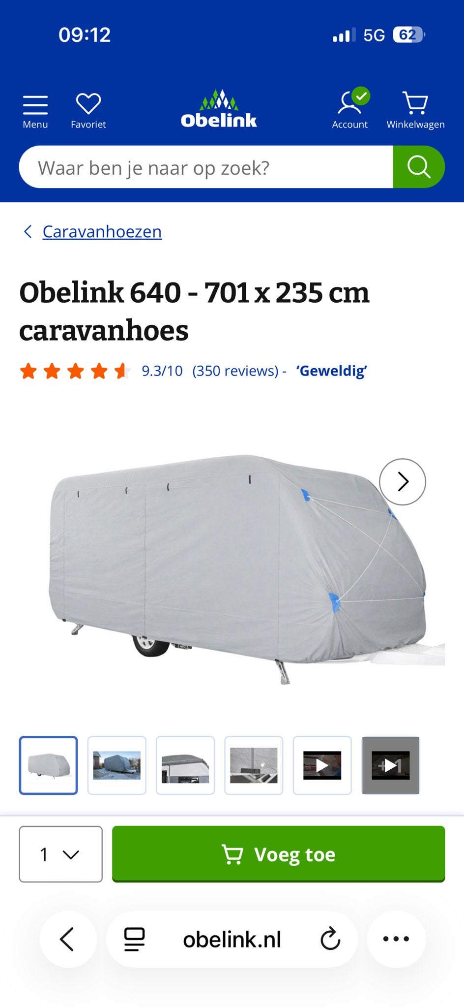 Obelink 640 - 701x235 cm caravanhoes, nooit buiten gebruikt, Ophalen of Verzenden, Zo goed als nieuw