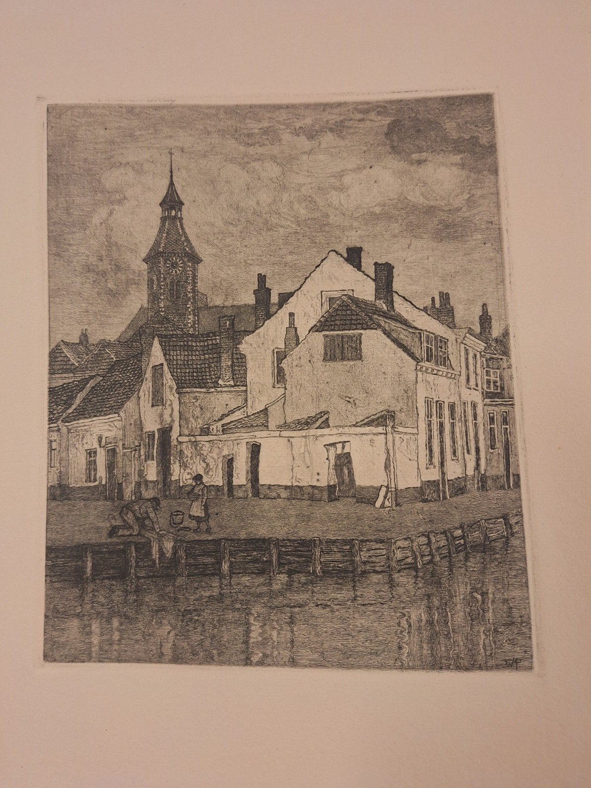 Ets 'De Was Doen' gesigneerd JP, Dagelijks leven, Ets, Ophalen of Verzenden, Gesigneerd