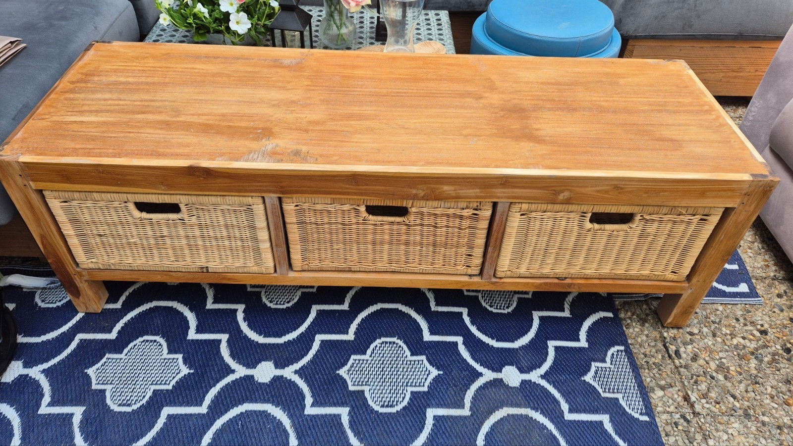 Houten salontafel met rieten manden, Gebruikt, Overige materialen, Ophalen of Verzenden, Minder dan 50 cm
