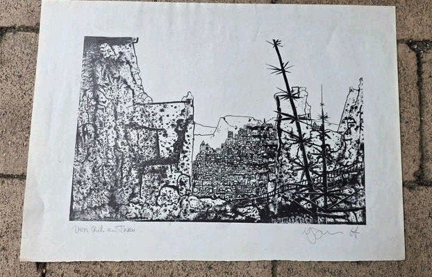 Gesigneerde Houtsnede: Abstract Landschap met Structuur, Antiek en Kunst, 1950 - 1999, Ophalen of Verzenden, Houtsnede, Landschap