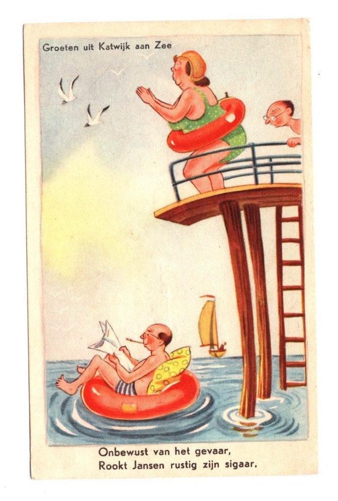 Oude Ansichtkaart Katwijk aan Zee Humor Zwemmen Gelopen, Ophalen of Verzenden, 1940 tot 1960, Gelopen, Zuid-Holland