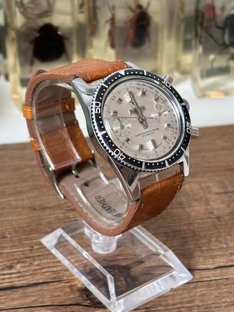 Vintage primalux diver chronograaf 38mm valjoux landeron uur, Ophalen of Verzenden, Zo goed als nieuw, Staal, Overige merken