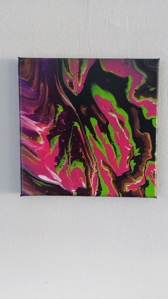 Abstract schilderij roze en groen op zwart 20 x 20 cm, Ophalen