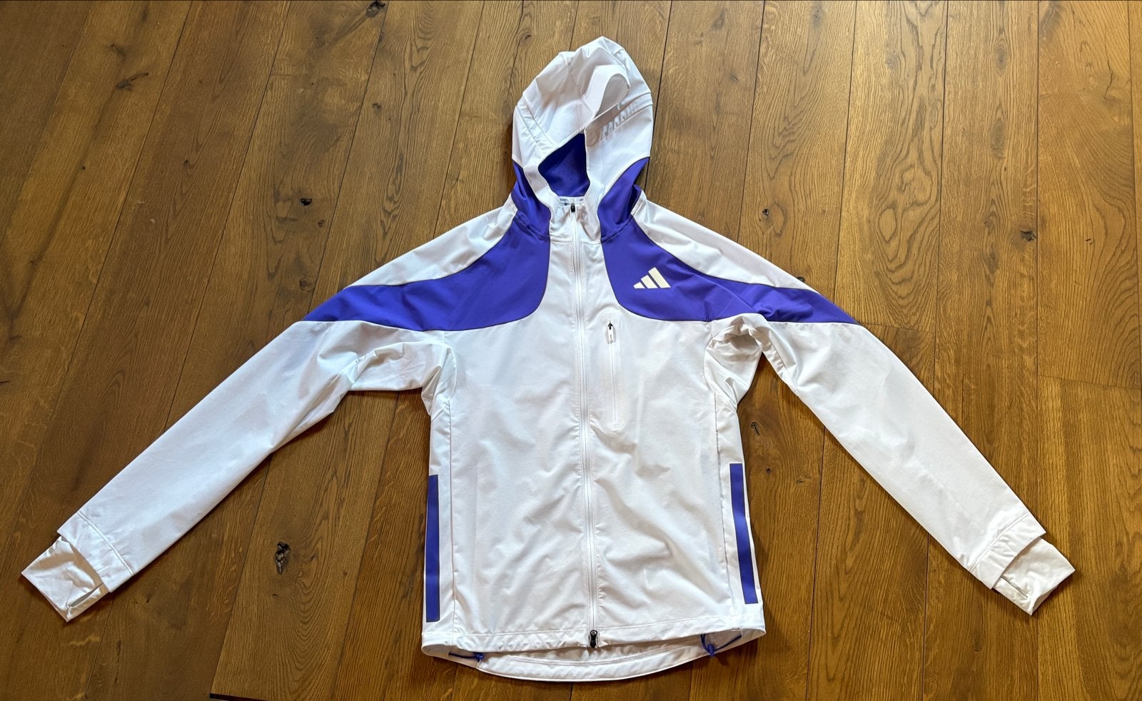 Adidas Adizero hardloopjack heren XS - wit/paars, Ophalen of Verzenden, Zo goed als nieuw, Maat 46 (S) of kleiner, Wit