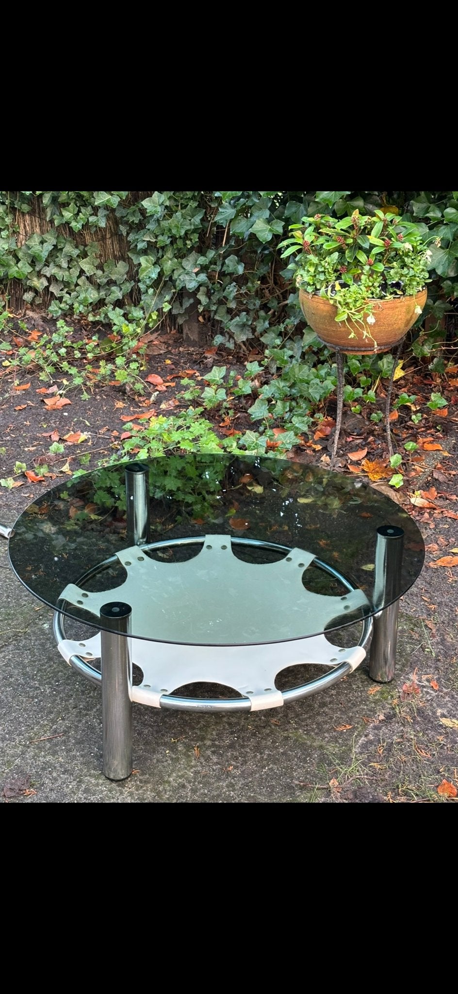 Vintage glazen salontafel met chroom, Huis en Inrichting, Tafels | Salontafels, Ophalen, Gebruikt, 100 tot 150 cm, Rond