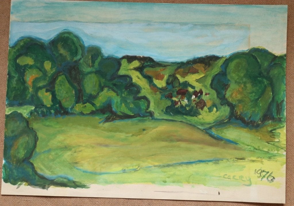Gouache heuvellandschap - gesigneerd Carry, 1976, Papier/karton, Gesigneerd, Gouache, Landschap