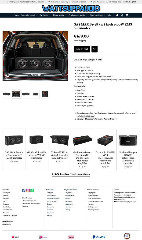 GAS MAX B1-38 3 x 8 inch 1500W RMS Subwoofer 3x8'', Info@optimount.nl, Nieuw, Ophalen of Verzenden, Anholtseweg 48A 7091 HB DINXPERLO