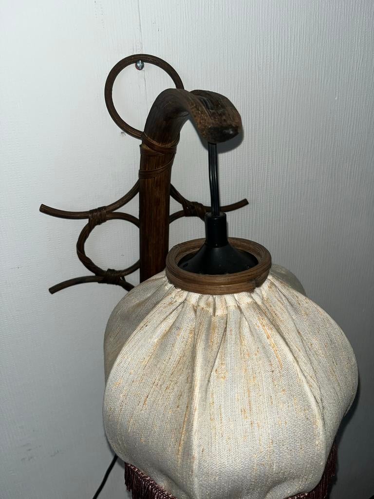 Vintage boho rotan wandlamp met stoffen kap, Ophalen of Verzenden, Gebruikt, Hout