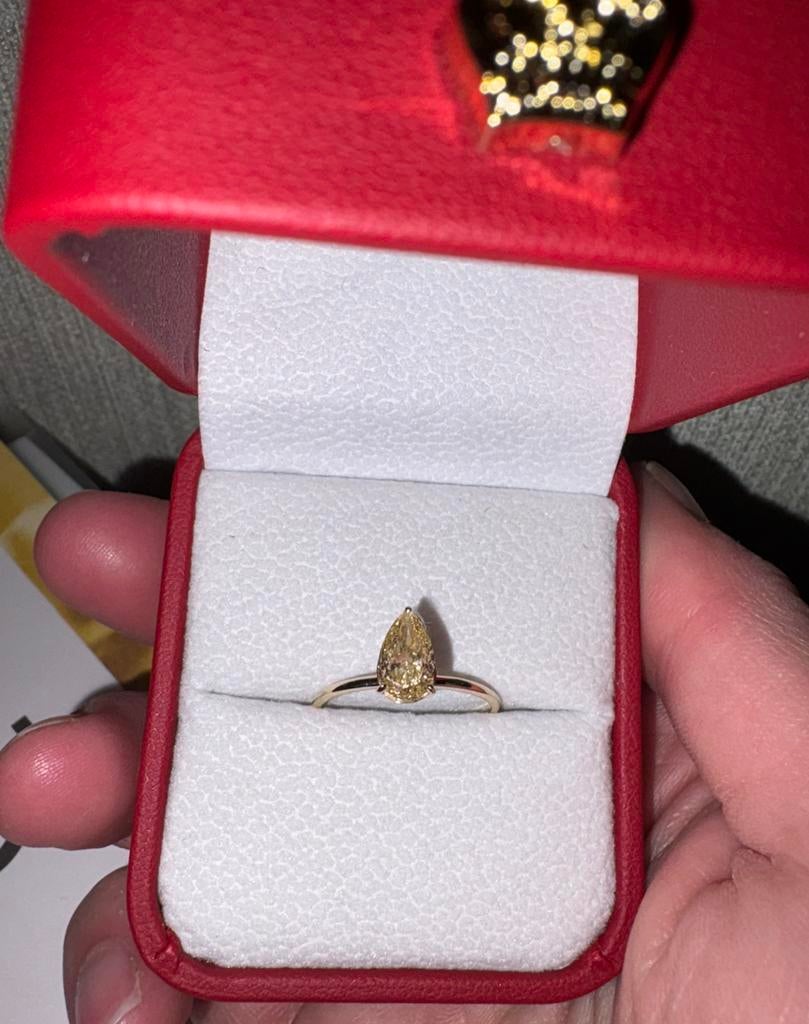 Nieuwe 14k Gouden Ring met Gele Diamant (peervorm), Ophalen, 19 tot 20, Nieuw, Met edelsteen