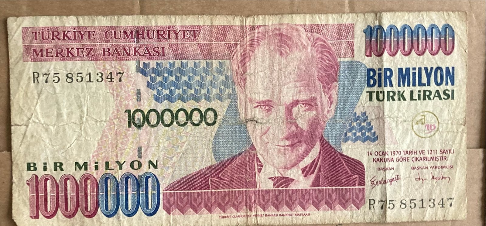 Turkse 1 Miljoen Lira bankbiljet uit 1970, Ophalen of Verzenden, Los biljet