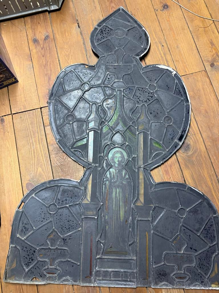 Antiek glas-in-lood raamwerk met religieuze voorstelling, Antiek en Kunst, Ophalen