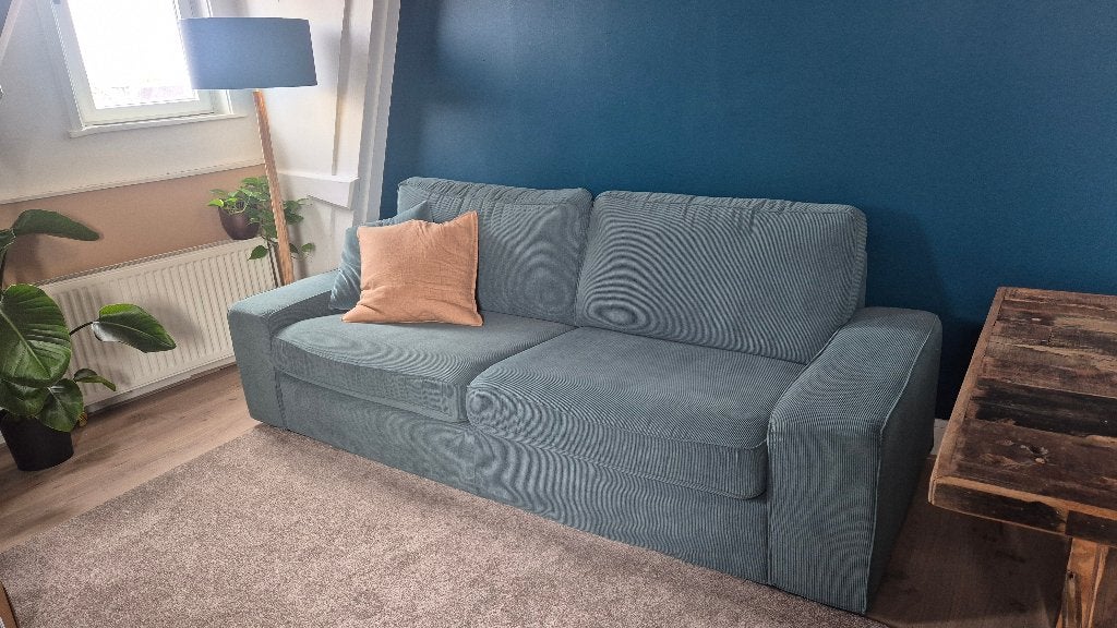 KIVIK 3-zitsbank kleur Kelinge grijs-turkoois - 1 jaar oud!, Ophalen, Driepersoons, 75 tot 100 cm, Zo goed als nieuw