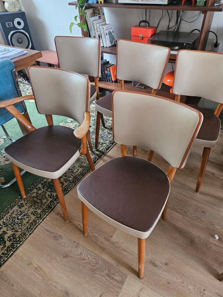 Vintage jaren '50 stoelen set: 4 zonder, 1 met armleuning, Antiek en Kunst, Antiek | Meubels | Stoelen en Banken, Ophalen