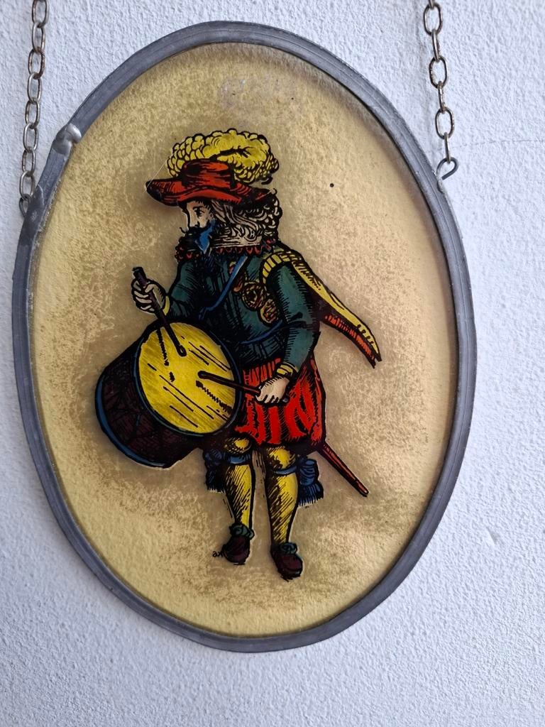 Vintage glas-in-lood raamhanger 'Tambour', Antiek en Kunst, Antiek | Overige Antiek, Ophalen