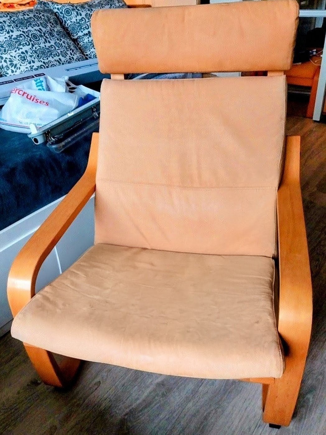 Ikea Poang massief beuken leunstoel met echt leren bekleding, Ophalen, Gebruikt, Stof, 50 tot 75 cm