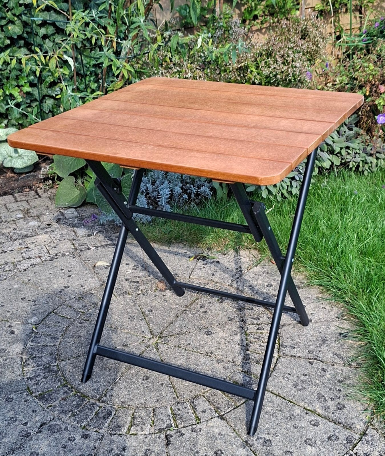 Aluminium Tuintafel Klaptafel met Teak Houten Blad, Ophalen, Nieuw, Vierkant, Aluminium