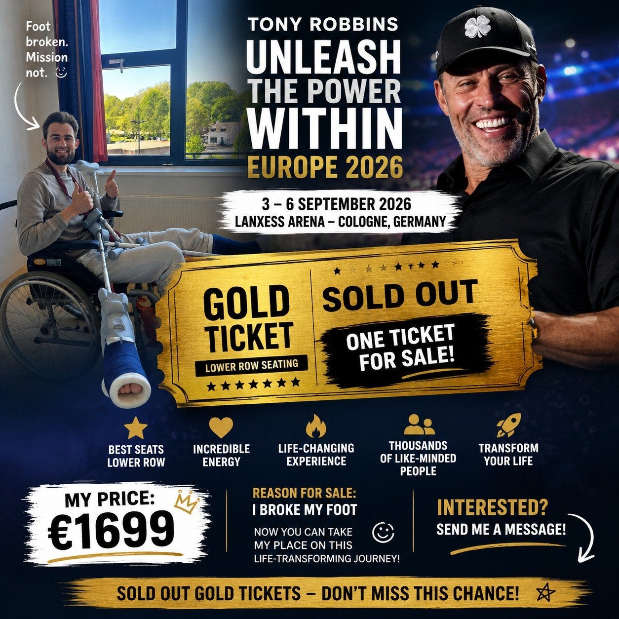 Tony Robbins UPW Keulen DE 3-6 sept 2026 – 1x Gold Ticket, Tickets en Kaartjes, Eén persoon, September, Overige typen
