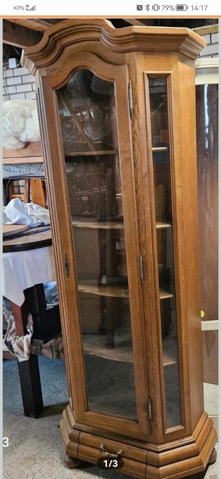Antieke houten vitrinekast met lade en glazen deuren, Ophalen, Gebruikt, Met deur(en), Glas