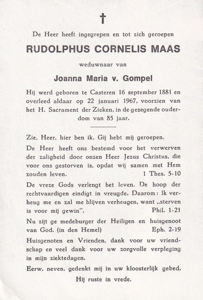 Maas Rudolphus 1881 Casteren 1967, Ophalen of Verzenden, Bidprentje