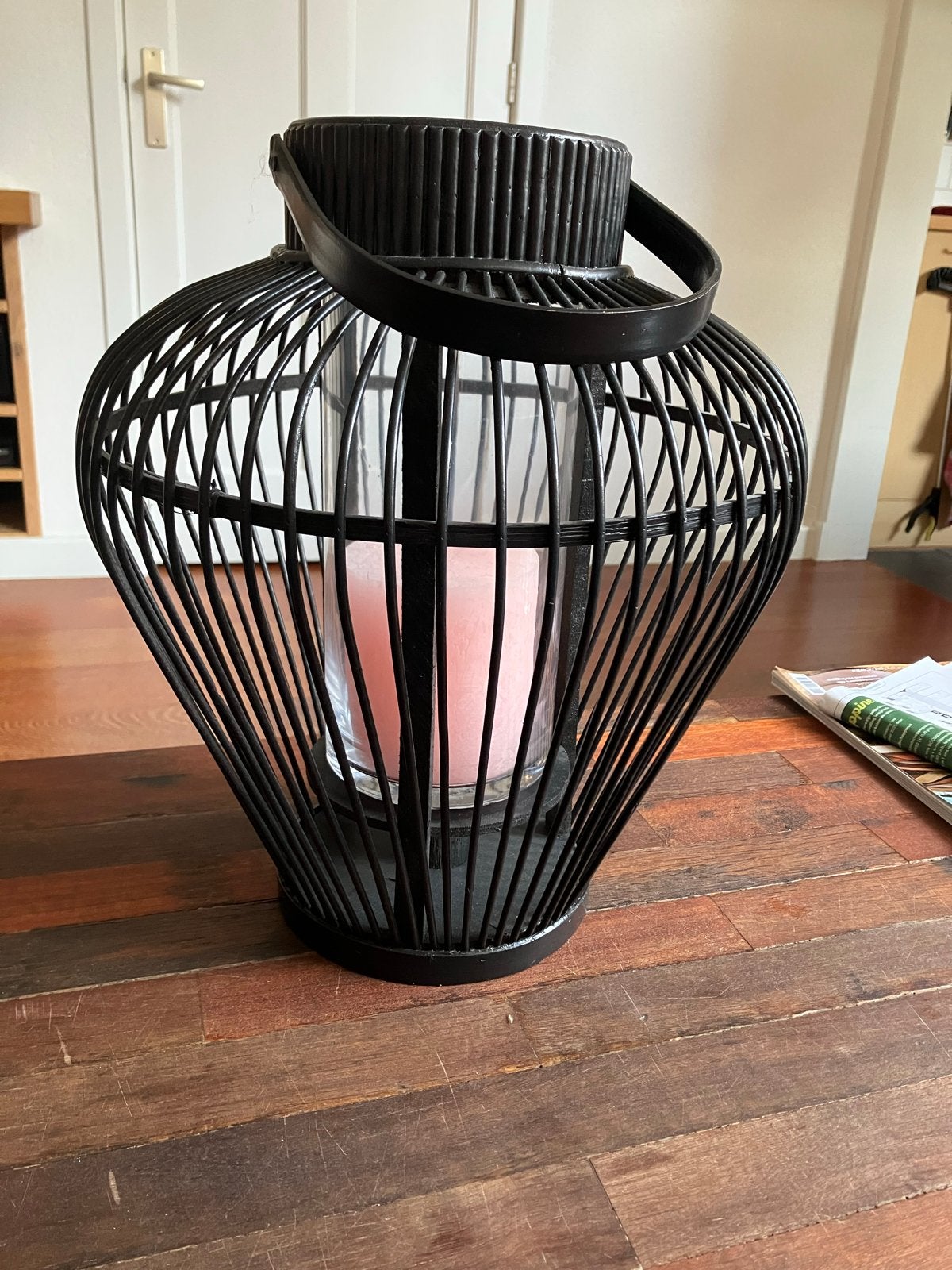 Zwarte windlicht met glazen cilinder, Ophalen, Windlicht, Gebruikt, Zwart