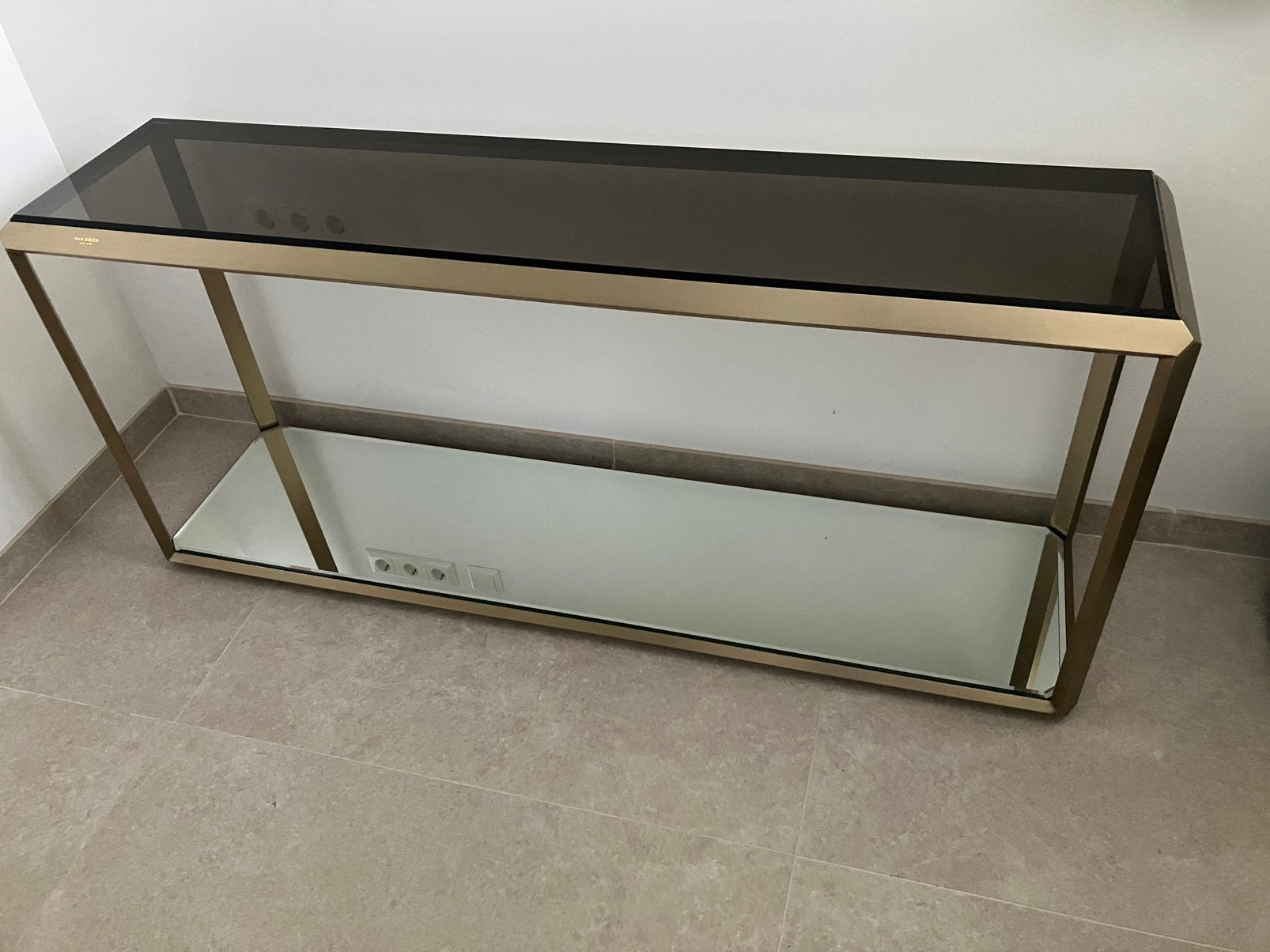 Prachtige sidetable, glas en goudachtig, Ophalen, 100 tot 150 cm, Glas, Zo goed als nieuw