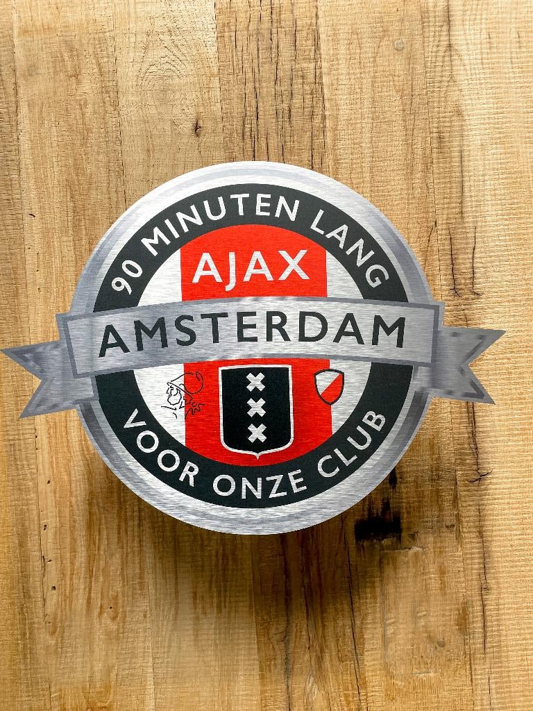 Reclamebord Embleem Ajax 90 minuten lang (zwart) aluminium, Ophalen of Verzenden, Nieuw, Reclamebord