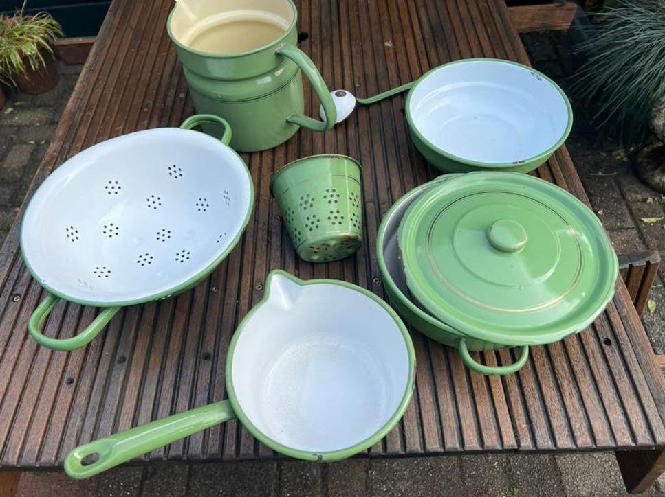 Vintage geëmailleerde keukenset - Groen, Antiek en Kunst, Antiek | Emaille, Ophalen of Verzenden