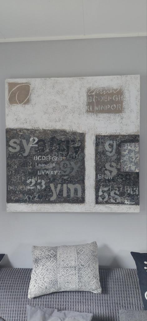 Abstract schilderij met letters en cijfers - Holiman, Ophalen of Verzenden