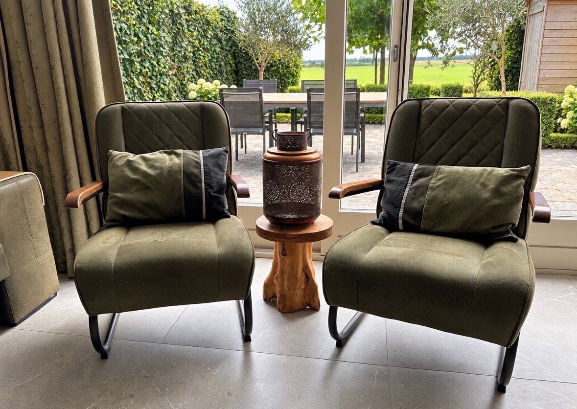 Twee fauteuils olijfgroen microleder de Bommel, 75 tot 100 cm, Ophalen of Verzenden, Zo goed als nieuw, 50 tot 75 cm