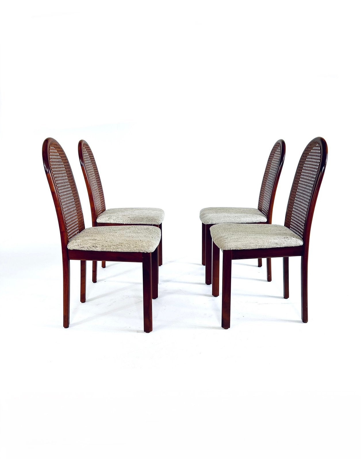 Set van 4 vintage webbing eetkamerstoelen, jaren ‘70, Hout, Nvr, Ophalen of Verzenden, Zo goed als nieuw