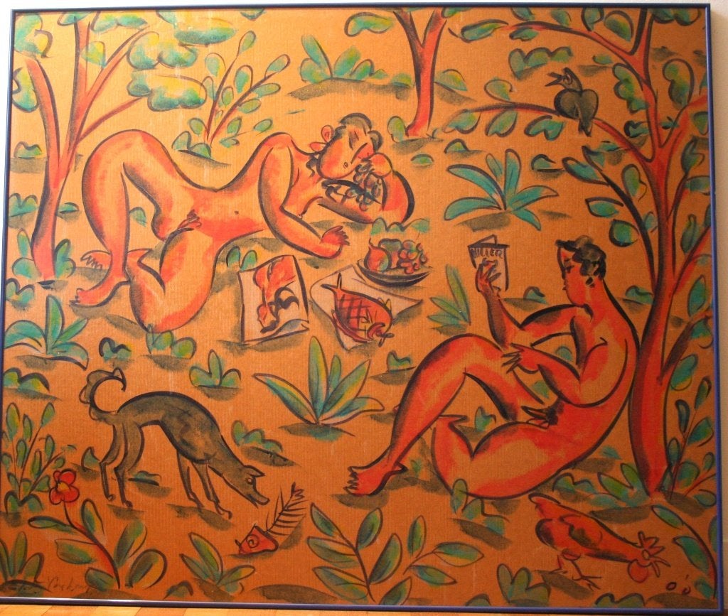 Groot ingelijst schilderij: Picnic, Antiek en Kunst, Ophalen, Figuren, Aquarel, Gesigneerd