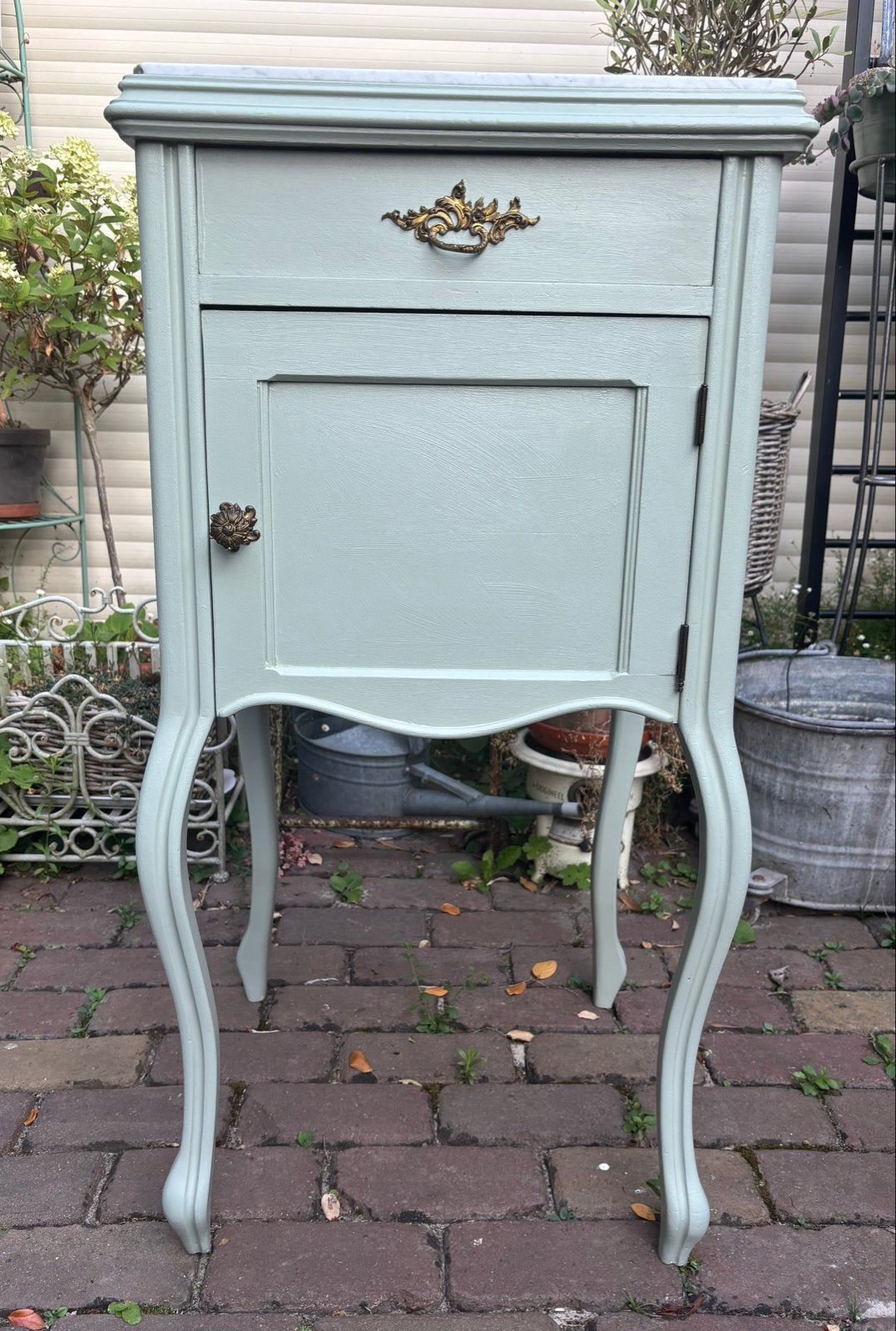 Brocante nachtkastje met marmeren blad - Silver Moss, Ophalen, Gebruikt