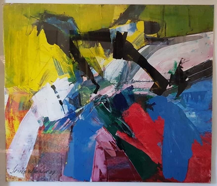 Jan te Wierik (1954) Olie op papier "Abstracte Comp" Ges Ged, Abstract, Papier/karton, Ophalen of Verzenden, Achter glas