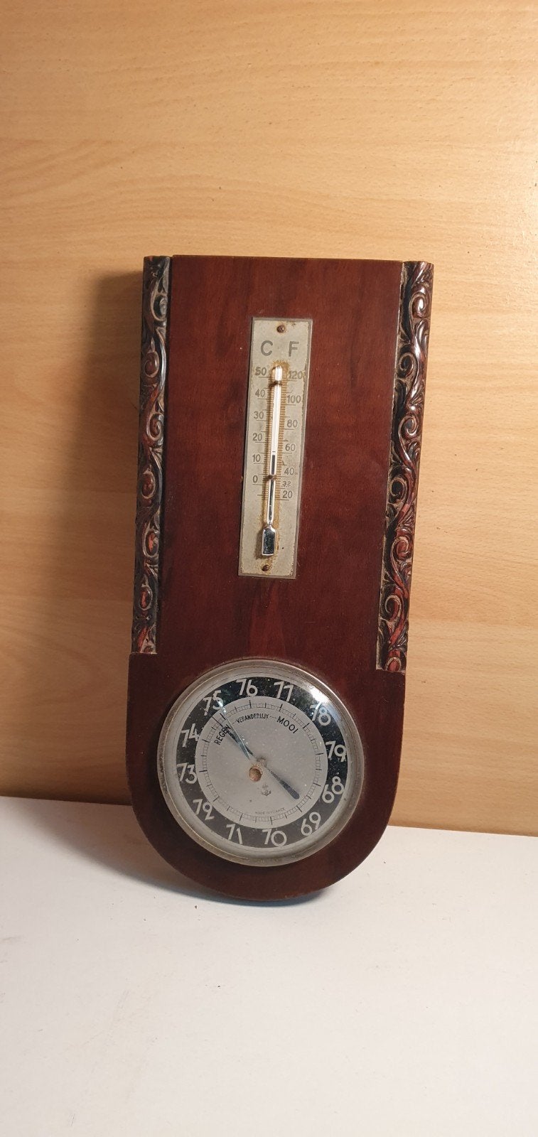 Antieke Barometer met Thermometer - Houtsnijwerk, Ophalen of Verzenden, Gebruikt, Barometer