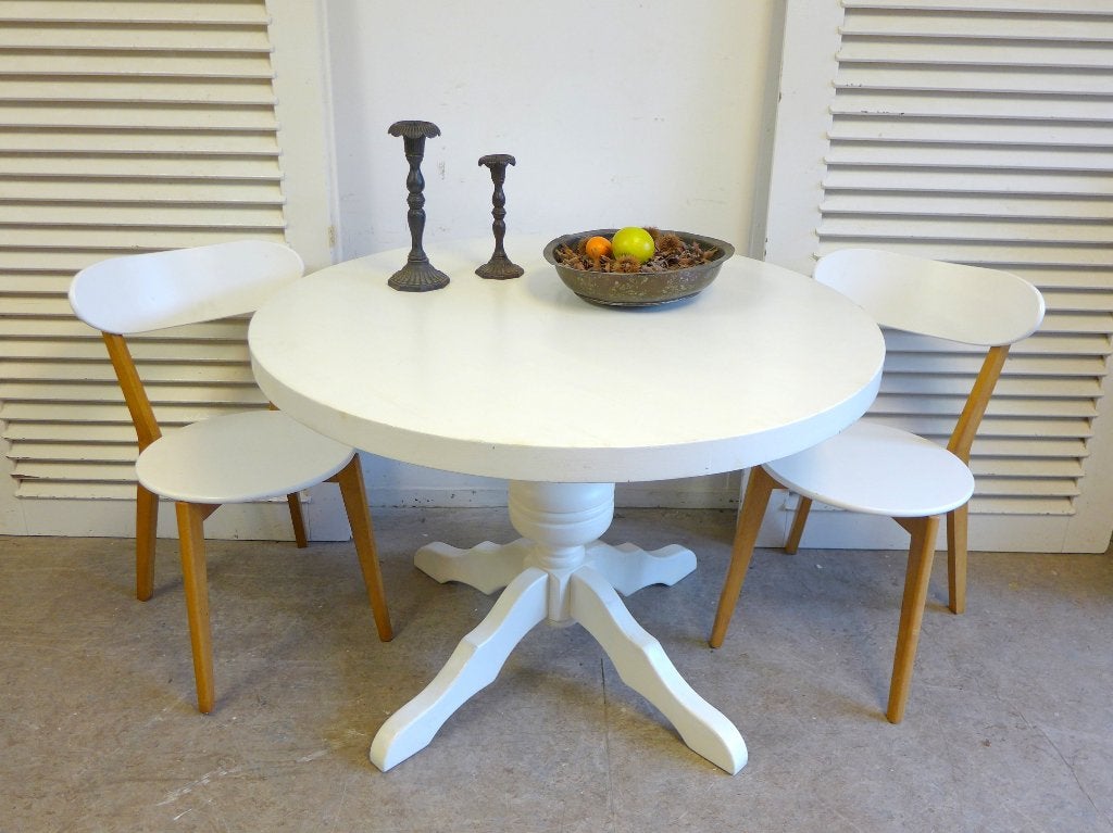 Prachtige witte landelijke ronde eiken eettafel, Ophalen, 100 tot 150 cm, 50 tot 100 cm, Zo goed als nieuw