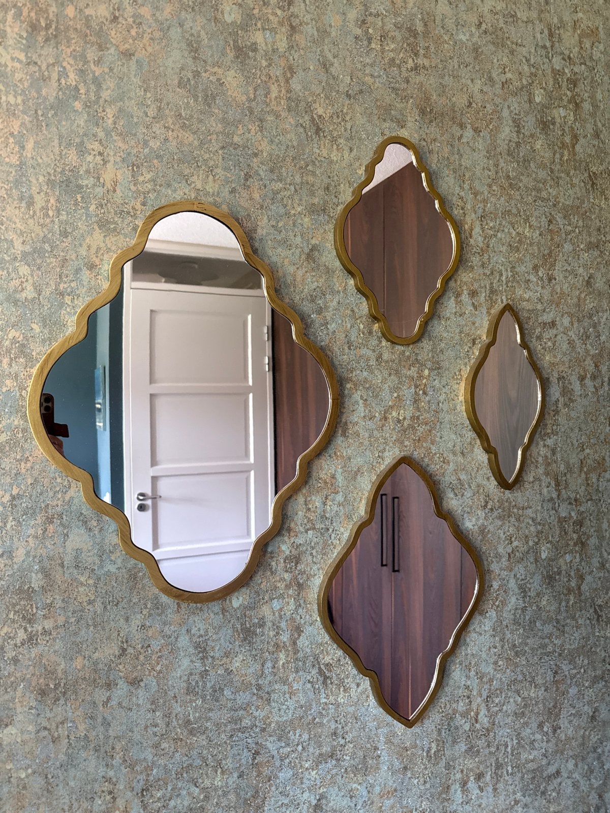 Set van 4 messingkleurige spiegels - diverse maten, Ophalen of Verzenden, Zo goed als nieuw, 75 tot 100 cm, Minder dan 100 cm