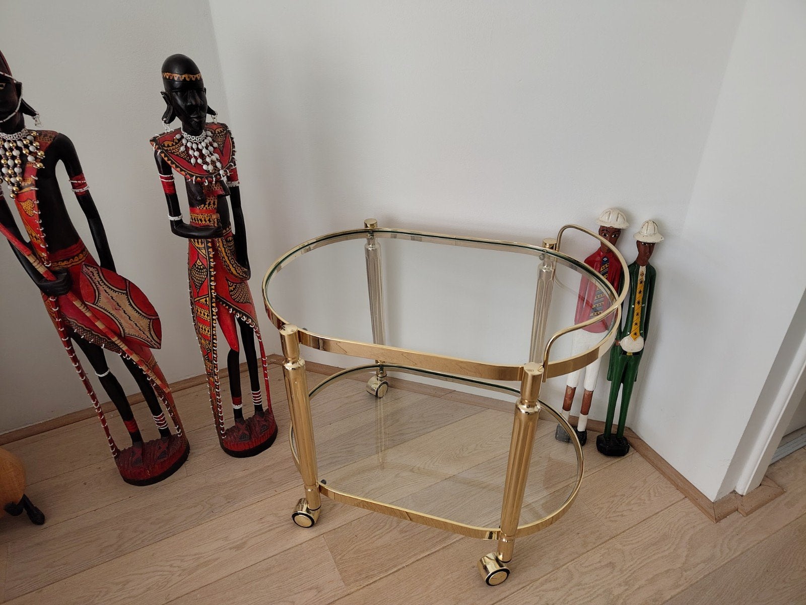 Vintage gouden serveerwagen met glazen platen, Ophalen