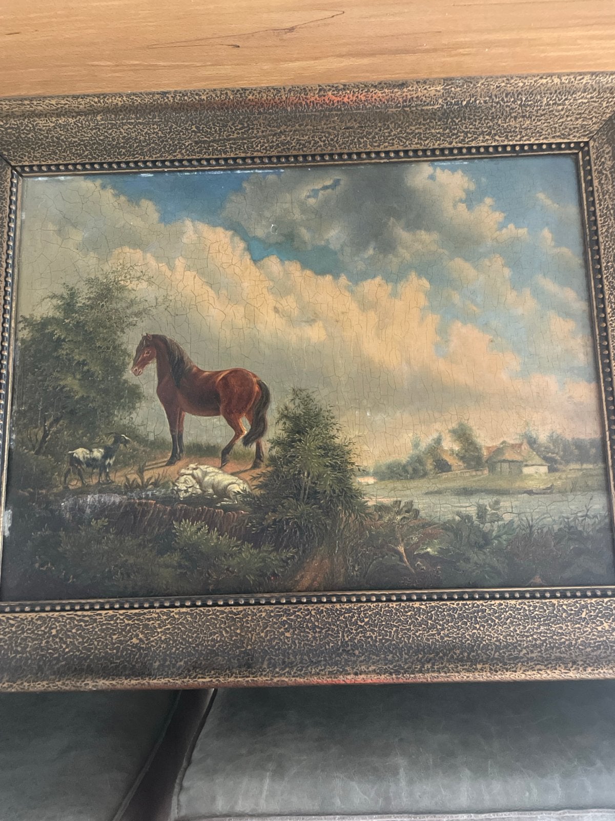 Klassiek schilderij: Paard, geiten en landschap aan water, Paneel, Dieren, Ophalen of Verzenden, Olieverf