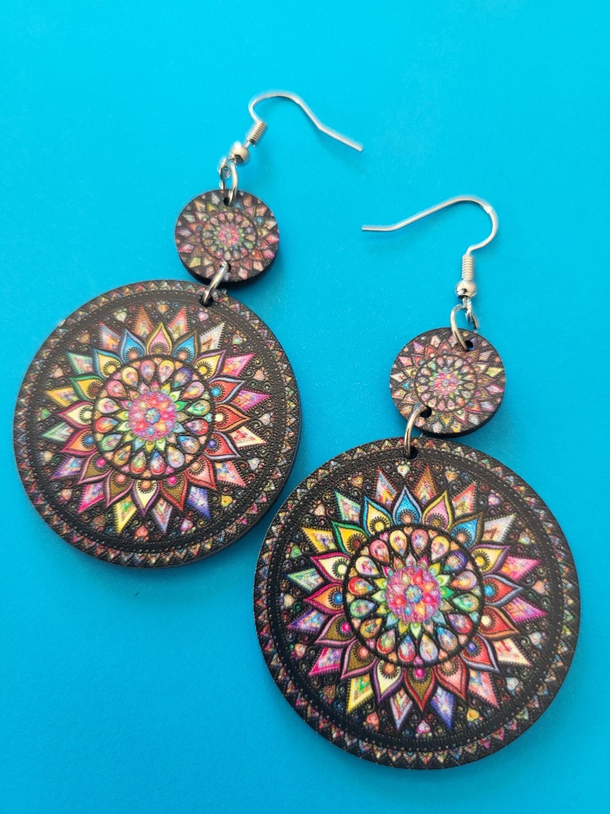 Kleurrijke Mandala Houten Oorbellen - Handgemaakt, Overige materialen, Hangers, Overige kleuren, Nieuw