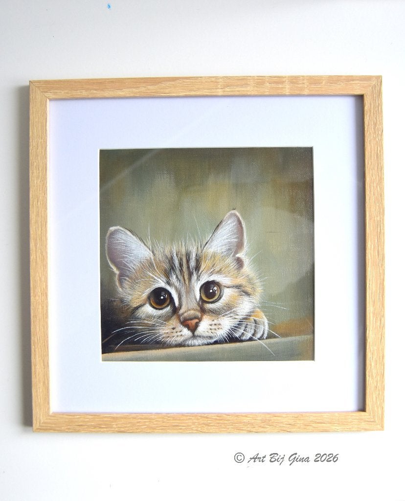 Kitten op de loer... Acrylverf op canvas in een houten lijst, Acrylverf, Gelimiteerde oplage, Ophalen of Verzenden, Dieren