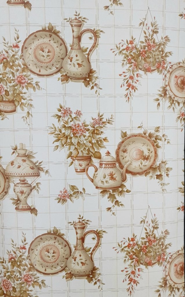 13613 Vintage keuken behang met servies en bloemen swiet, Ophalen of Verzenden, Bruin