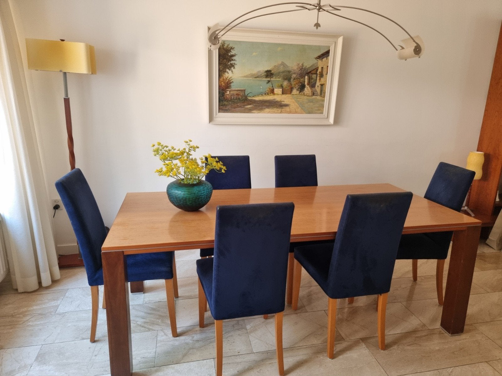 GELDERLAND DESIGN EETTAFEL met 6 blauwe stoelen, Gebruikt, 50 tot 100 cm, 150 tot 200 cm, Vier personen