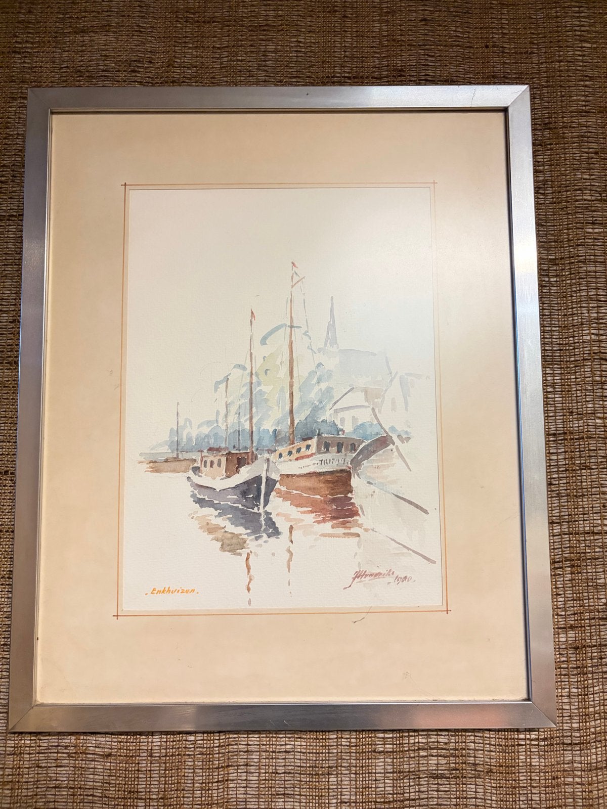 Maritiem Aquarel: Havenzicht met Boten, Gesigneerd, Ophalen, Maritiem / water, Realistisch, Gesigneerd